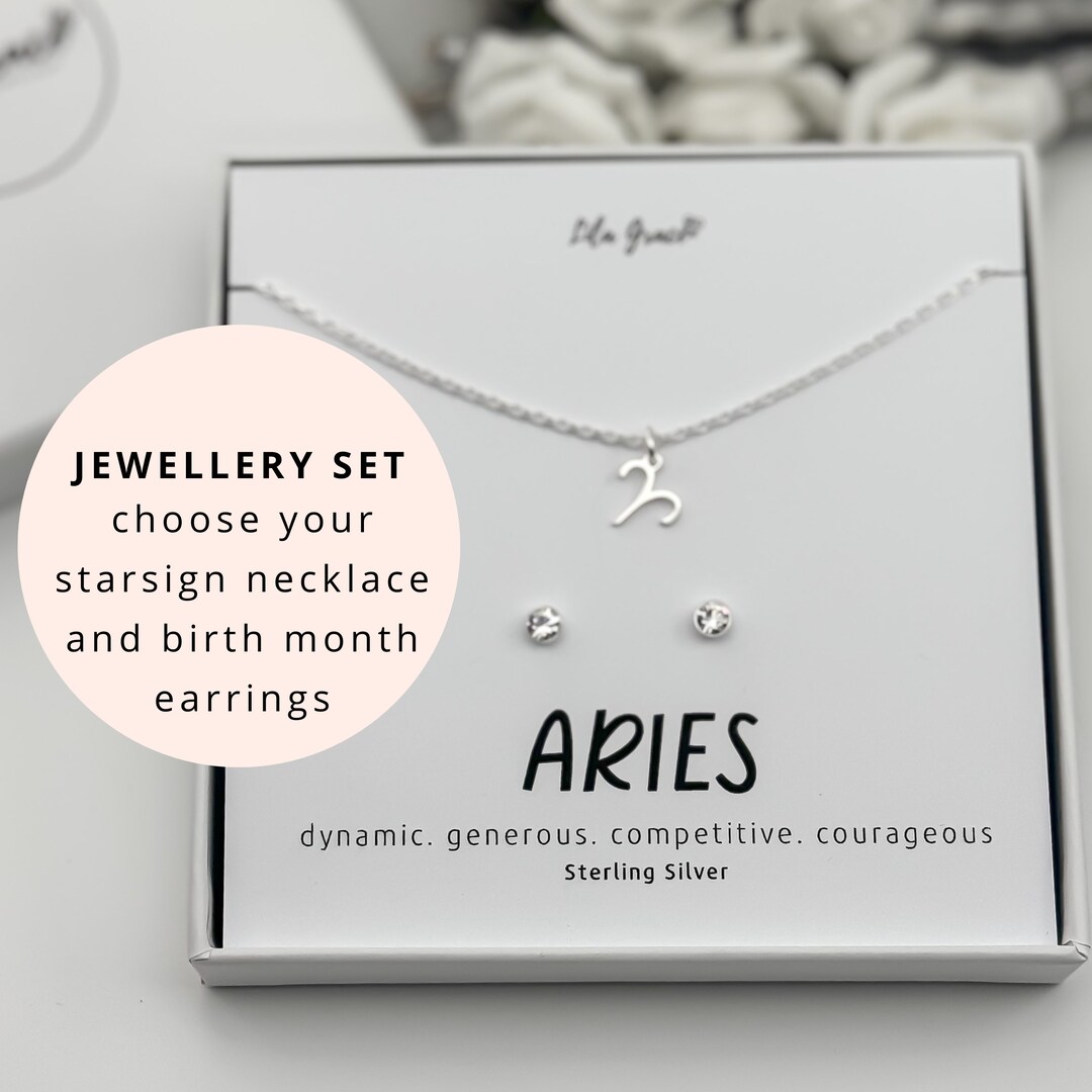 Sterling Silver Aries Zodiac Star Sign Birthstone Necklace and March ...