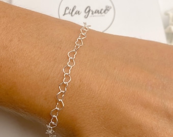 Pulsera de eslabones de corazón de plata de ley - Regalo para su linda joyería para niñas y mujeres - Regalos de Navidad de amistad ajustables de tamaño pequeño y grande