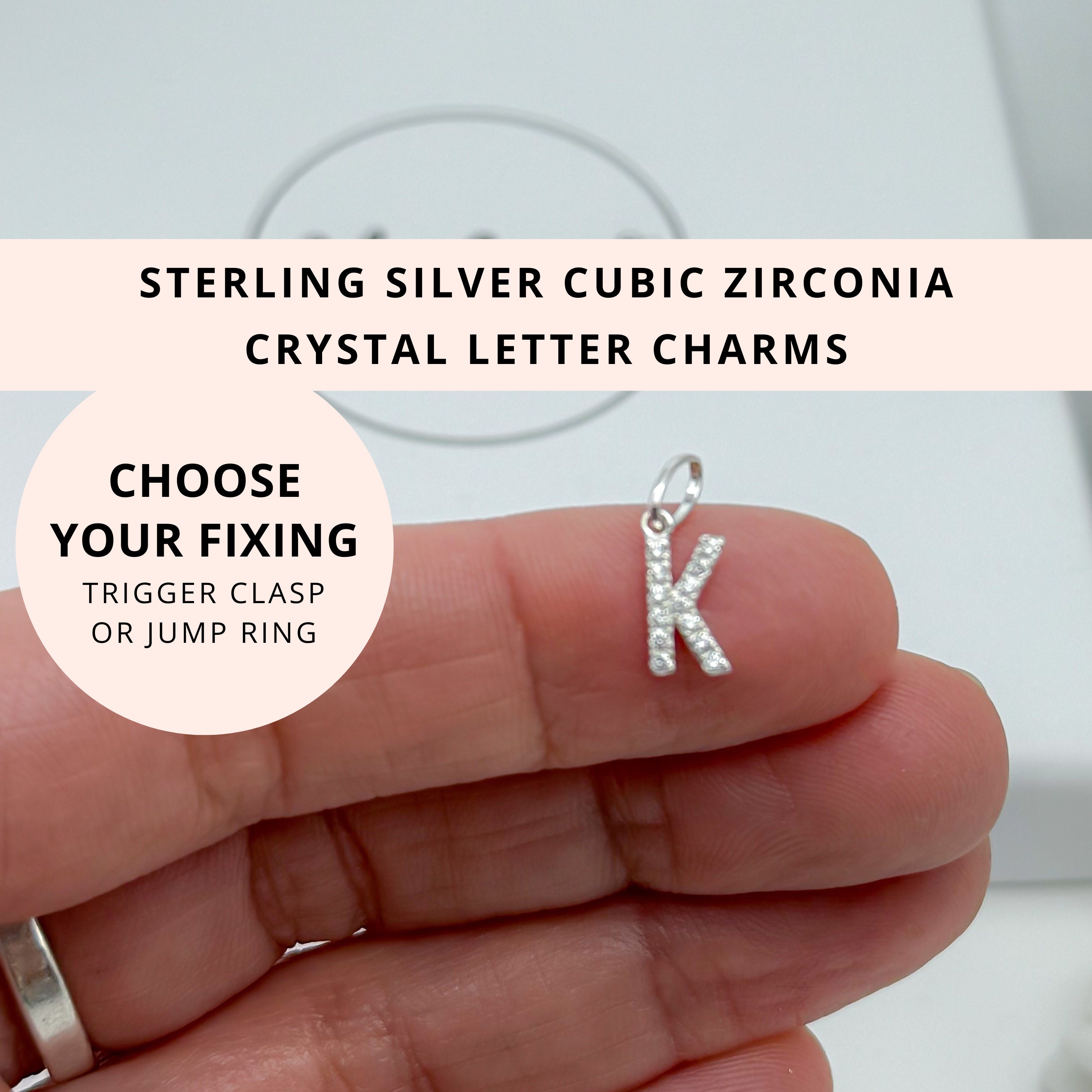 Sterling Silver Cubic Zirconia Crystal Letter Initial Pendant Charm - Clip on Name Bracelet Necklace Jewellery - 925 Silver Trigger Clasp