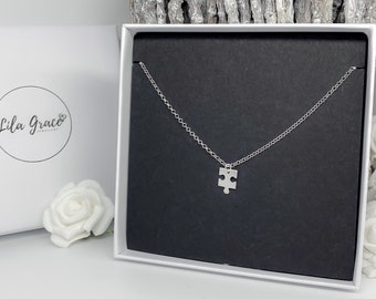 Sterling Silver Jigsaw Puzzle Piece Necklace - Birthday Christmas Gift for her - Womens Girls Cute Dainty Pretty Jewellery Pendant Charm