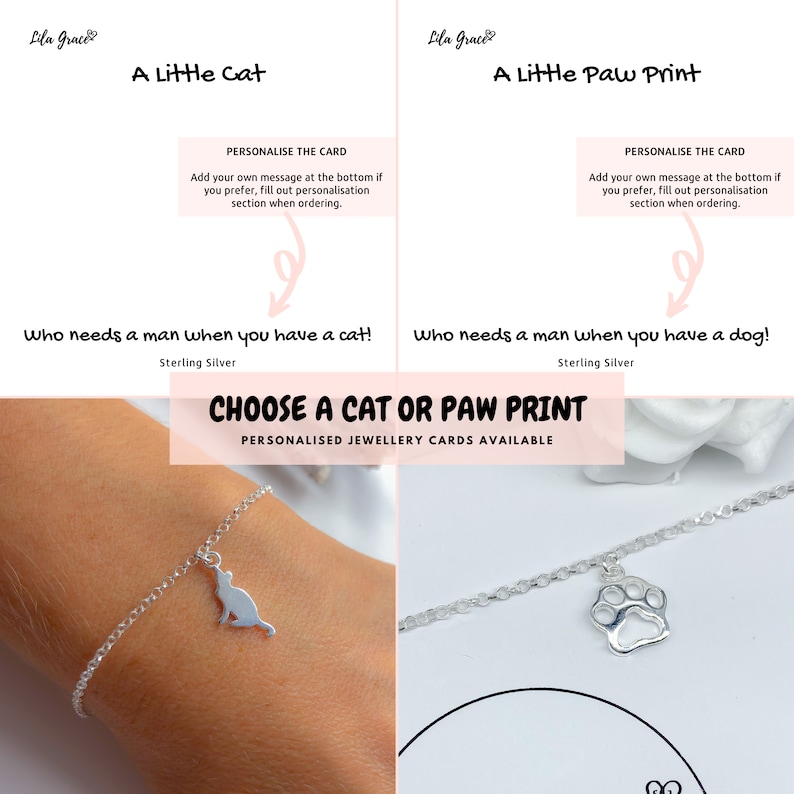Cat Lover Kitty Gift for her Personalised Little Cat Sterling Silver Dainty Womens Girls Bracelet Christmas Birthday Gift Paw Print