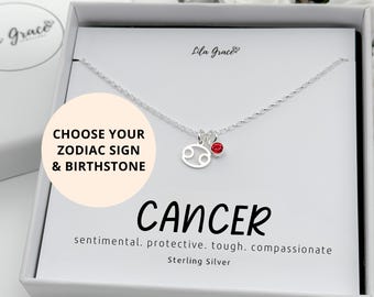 Sterling Silver Cancer Zodiac Birthstone Necklace - Ruby or Alexandrite Starsign Jewellery
