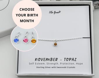 Sterling Silver November Topaz Bracelet - Choose your Size and Birthstone Colour