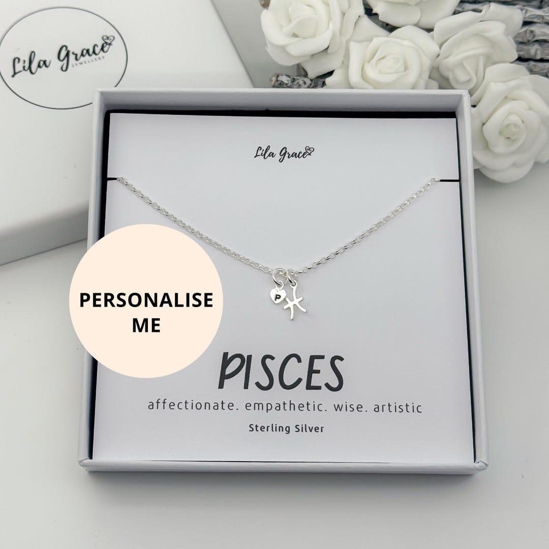 Sterling Silver Pisces Zodiac Letter Heart Pendant Necklace - Star Sign ...