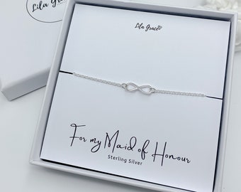 Sterling Silver Maid of Honour Infinity Bracelet Gift - Womens Girls Dainty Eternity Jewellery Bridesmaid Invitation Wedding Favours Gifts