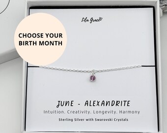 Sterling Silver June Alexandrite Bracelet - Choose your Size and Birthstone Colour
