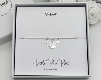 Sterling Silver Paw Print Initial Bracelet: Personalised Letter Charm, Dog Lover Gift