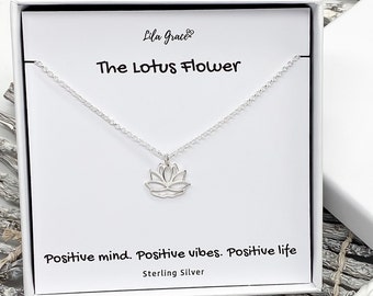 Sterling Silver Lotus Flower Necklace - PERSONALISED Boho Hippy Positivity Gift for her - Womens Girls Birthday Christmas Thoughtful Gifts