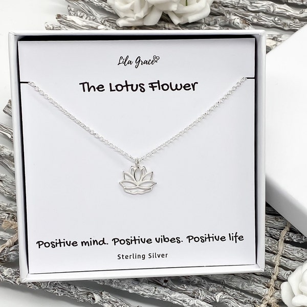 Sterling Silver Lotus Flower Necklace - PERSONALISED Boho Hippy Positivity Gift for her - Womens Girls Birthday Christmas Thoughtful Gifts