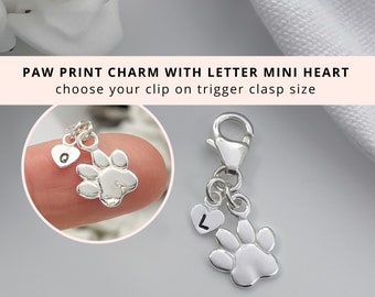 Sterling Silver Paw Print Heart Initial Charm - Cute Clip on Dog Charms Name Letter In memory of Gifts for Bracelet Necklace Jewellery