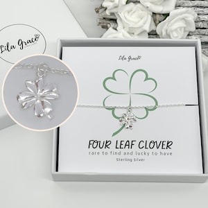 Sterling Silver Four Leaf Clover Bracelet - Gift for her Lucky Ladies Womens Girls Rare Jewellery Gifts - Bestie Birthday Friendship ILY