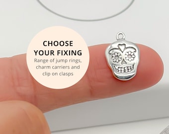 Sterling Silver Sugar Skull Pendant - Clip on Charm Punk Rock Jewellery Gift