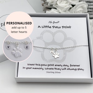 Sterling Silver In Memory Paw Print Name Charm Bracelet - Personalised Jewellery Dog Initial Letter Gifts for her Womens Girls Gift Ideas