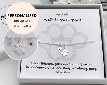 Sterling Silver In Memory Paw Print Name Charm Bracelet - Personalised Jewellery Dog Initial Letter Gifts for her Womens Girls Gift Ideas