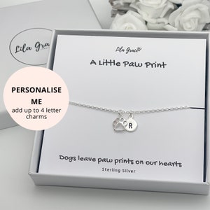 Sterling Silver Dog Paw Print Bracelet - Jewellery Pet In Memory Gift for her -Womens Boys Girls Cute Letter Name Initial Personalised Gifts
