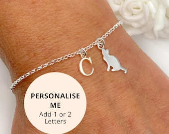 Sterling Silver Cat Initials Bracelet - Personalised In Memory Cat Lover Letter Jewellery Gift