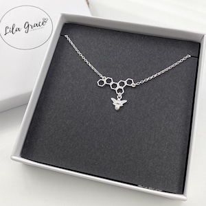 Sterling Silver Honeycomb Bumblbee Necklace Gift for her - Dainty Womens Ladies Girls Charm Necklace Birthday Christmas Gifts - Honey Bee