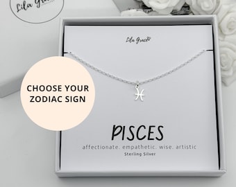 Sterling Silver Pisces Zodiac Necklace Gift: Choose your Chain Length Star Sign Birthday