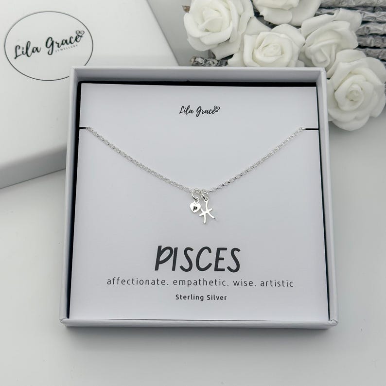 Sterling Silver Pisces Zodiac Letter Heart Pendant Necklace - Star Sign ...