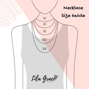 May include: A diagram showing different necklace lengths on a model, with measurements in inches: 14 inches, 16 inches, 18 inches, 20 inches, and 24 inches. The text "Necklace Size Guide" is at the top of the image. The text "Lila Grace Jewellery" is at the bottom of the image.