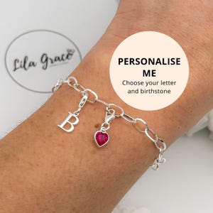 Personalised Sterling Silver Birthstone Letter Clip on Charm Bracelet - July Ruby Initial Jewellery Gift