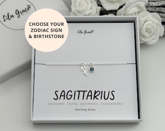 Sterling Silver Sagittarius Zodiac Birthstone Bracelet - Topaz or Blue Zircon Star Sign Jewellery Gifts