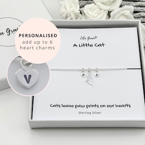 Sterling Silver Cat Bracelet - Personalised Letter Initial Womens Girls Jewellery - Name Gift for her in memory Gift for Kitty Kitten Lovers