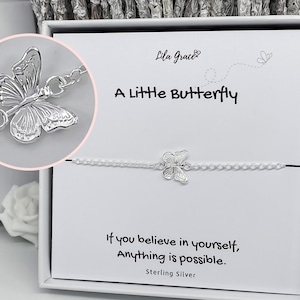 Sterling Silver Butterfly Link Bracelet - PERSONALISED Cute Girls Womens Bracelet Thoughtful Friendship Birthday Nice Jewellery Gift for her