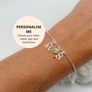 Personallised Sterling Silver Zodiac Birthstone Bracelet - Leo Ruby or Peridot Star Sign Birthday Jewellery