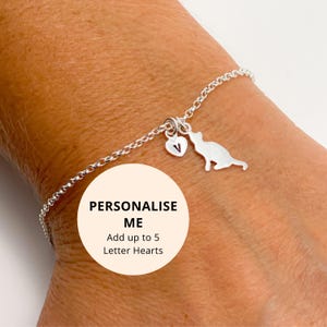 Bracelet chat en argent sterling : breloque chaton délicat, lettre coeur personnalisée