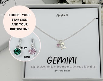 Sterling Silver Gemini Zodiac Star Sign Birthstone Necklace Gift for her - Womens Girls Alexandrite Pink Purple Birthday Jewellery Gifts
