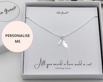 Sterling Silver Cat Necklace - PERSONALISED Name Letter Initial Womens Girls Gift for her - Jewellery Cat Lovers Christmas Birthday Gifts