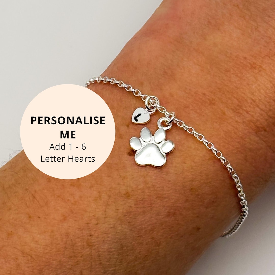 Sterling Silver Letter Paw Print Bracelet - Custom Size Dog Lover Gift ...