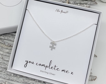 Sterling Silver Jigsaw Puzzle Piece Necklace - Birthday Christmas Gift for her Girlfriend Fiance Wife - Womens Girls Cute ILY Jewellery