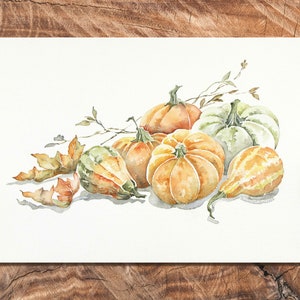 Acquerello botanico con cornice – composizione di zucche decorative – dipinto originale ad acquerello