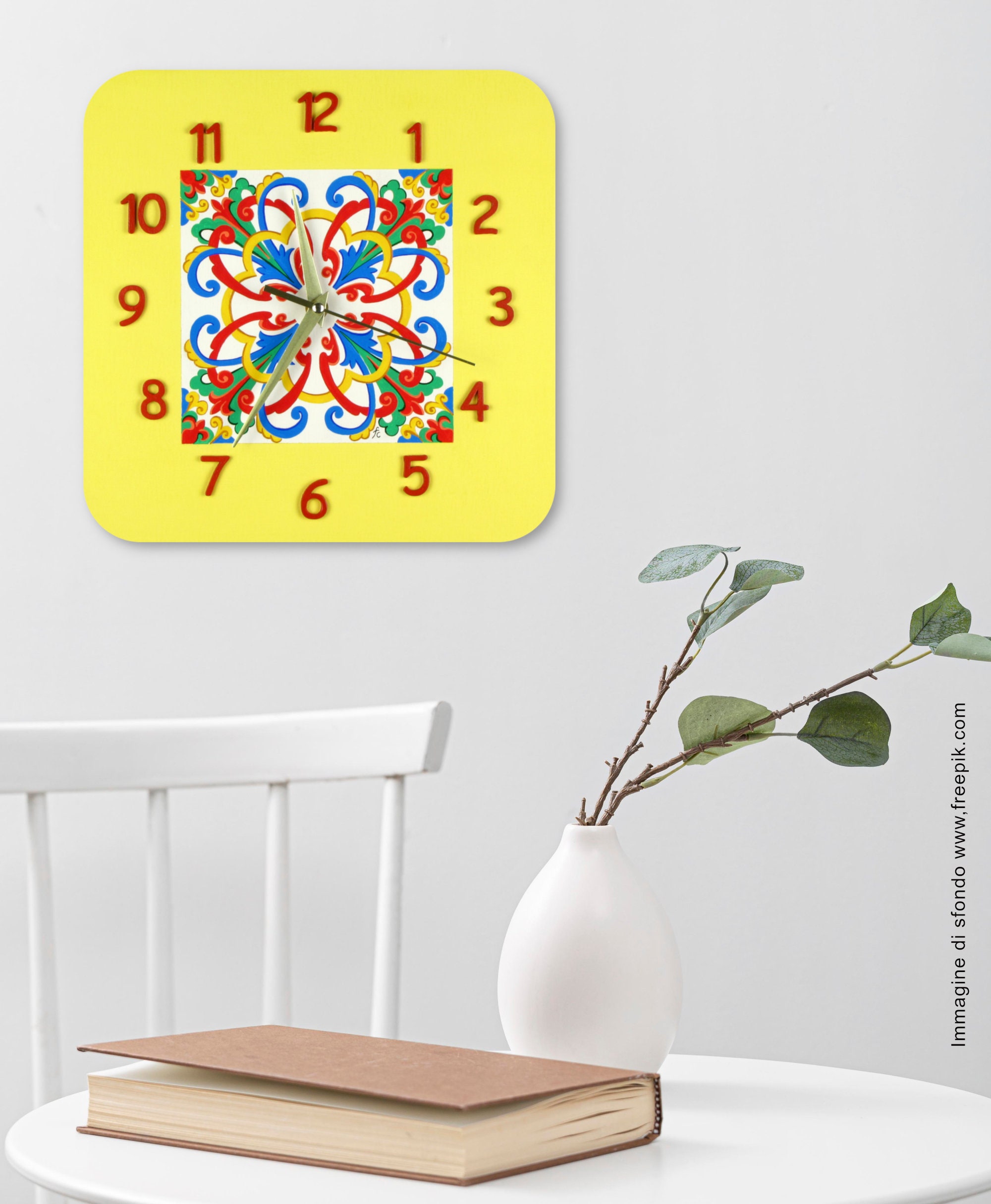 Tile Clock Sicilian Tile Clock - Hand-painted Square Wooden Wall Clock - Artistic ...
