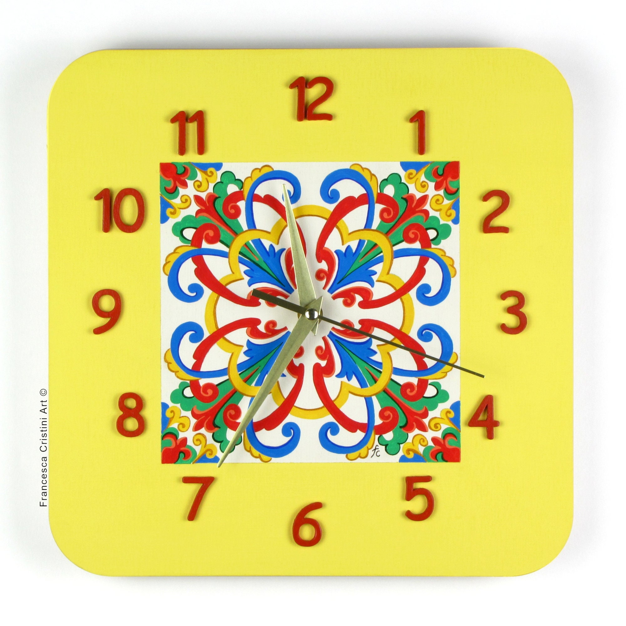 Tile Clock Sicilian Tile Clock - Hand-painted Square Wooden Wall Clock - Artistic ...