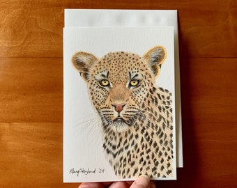 African Leopard portrait, coloured pencil, 5x7 inch art card