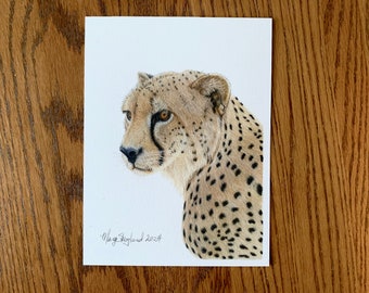 Original Cheetah portrait, coloured pencil drawing, 6x8 inch wall decor