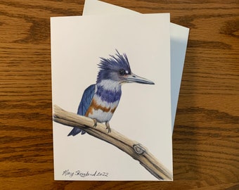 Belted Kingfisher original coloured pencil 5"x7" art card, blank inside, wall decor, greeting card, gift of art