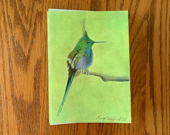 CLEARANCE! Hummingbird original coloured pencil drawing, 5x7 inch art card, blank inside, greeting card