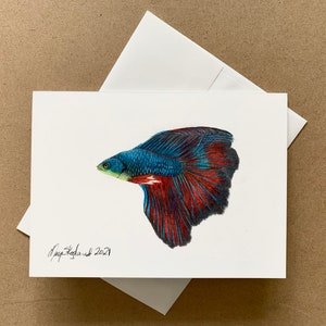 Crayon de couleur original 5 "x 7" carte d'art d'un poisson combattant siamois ou poisson Betta, carte de voeux, décoration murale