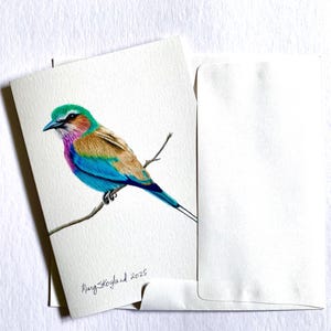 Dessin original au rouleau à poitrine lilas sur une carte artistique technique mixte de 5 x 7 pouces, comprend et enveloppe