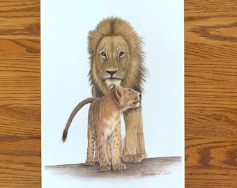 ライオンの子の肖像画 - オリジナルの色鉛筆画 - サイズ A4 (11.75 x