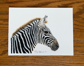 Original Zebra, 6x8 inch coloured pencil drawing, wall decor