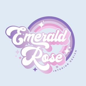 Logotipo retro de arcoíris rosa y violeta, logotipo de belleza adorable, conjunto de logotipos de marca modernos, diseño de tarjeta de presentación vintage prefabricada, logotipo bohemio hippie de los años 70
