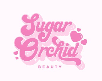 Pink Retro Logo | Sugar Orchid, Pretty Beauty Logo, Sparkle Logo Branding, Cute Heart Premade Vintage Business Card Design, Fun Funky logo