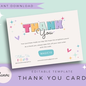 Dankeskarte | Bearbeitbare Canva-Vorlage in Pastell-Regenbogenform – anpassbare Retro-Dankeschön-Bestellkarte, hübsches Logo-Branding-Set, Pixie Dream