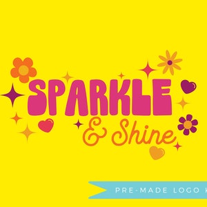 Logo Sparkle Shine / Logo Y2K colorato e divertente, marchio aziendale, logo moderno e luminoso, biglietto da visita e design per social media con fiore rosa giallo