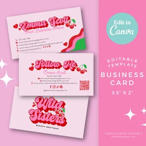 de Carte de visite sur toile rose rouge cerise | Design de carte de visite, carte modifiable DIY, mignon funky, image de marque beauté, cils girly de l'an 2000 - 0136